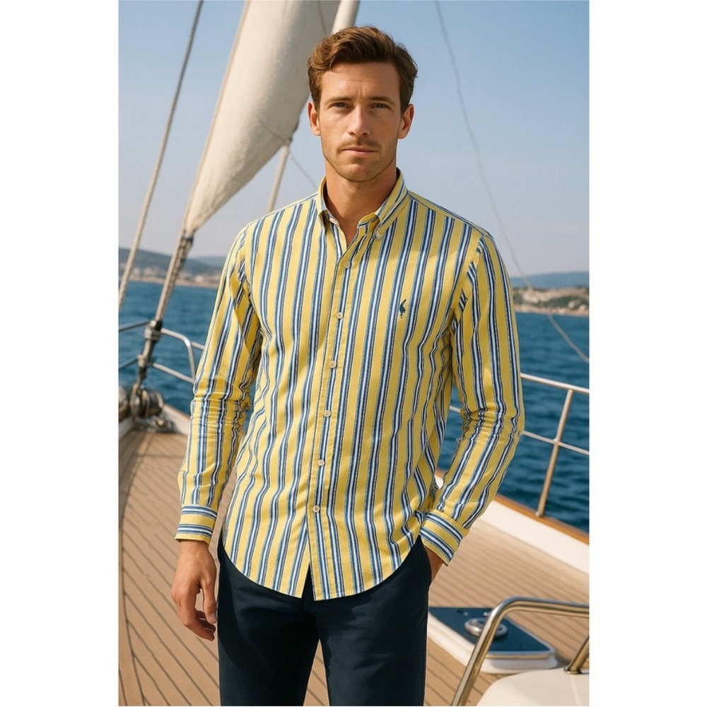 Polo Ralph Lauren Oxford Shirt Men Yellow Striped Poplin Blue Pony